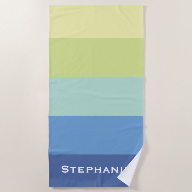 Serviette De Plage Bleu bleu vert jaune Abstrait rayures Nom (Devant)