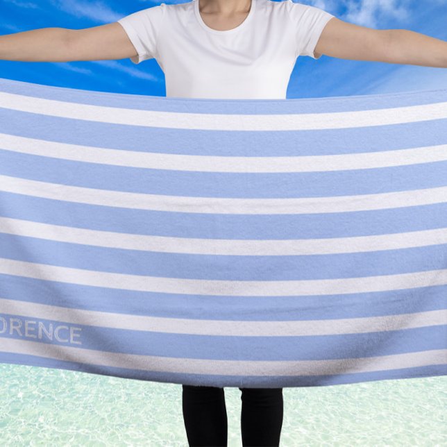 Serviette De Plage Bleu clair rayures de cabane blanche - personnalis (Créateur téléchargé)