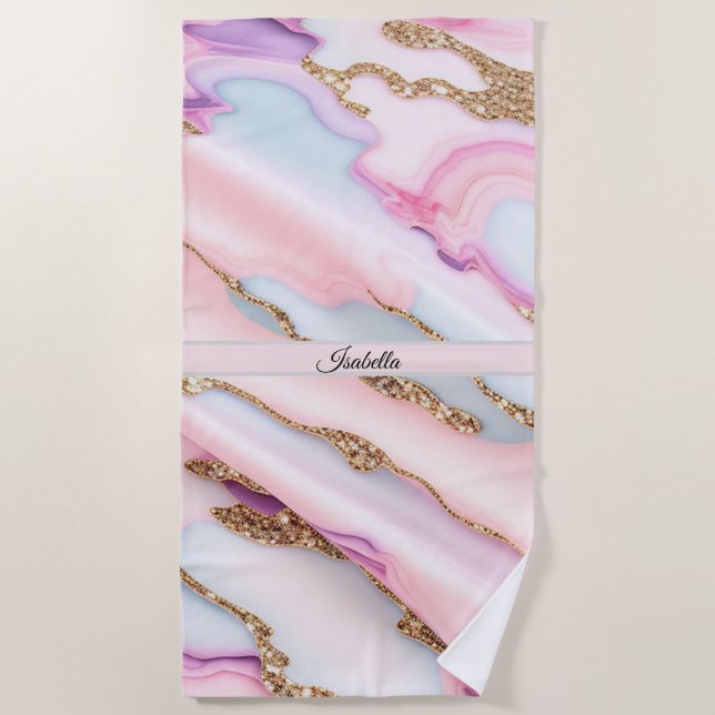 Serviette De Plage Bleu clair rose Agneau Marbre Collection moderne (Devant)