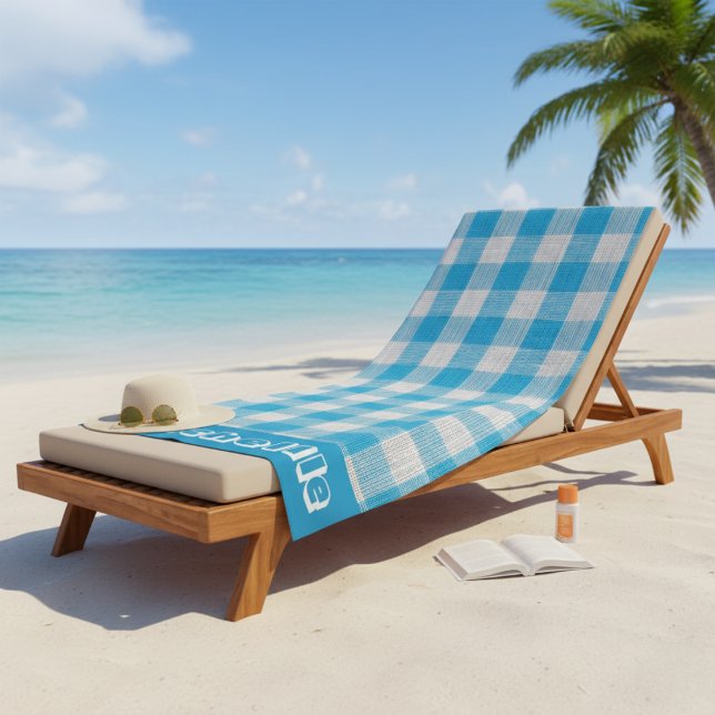 Serviette De Plage Bleu côtier En vichy personnalisé (Classic Navy Gingham Round Beach Towel)