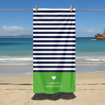Serviette De Plage Bleu de marine et vert Chic rayures Coeur Monogram<br><div class="desc">Élégante serviette de plage personnalisée dans les tons vert, bleu marine et blanc. Ce design est composé d'un classique de la marine et d'un motif rayé blanc. Personnalisez-le avec votre nom monogramme ou tout autre texte personnalisé avec un symbole de coeur mignon. Utilisez les outils de conception pour choisir les...</div>