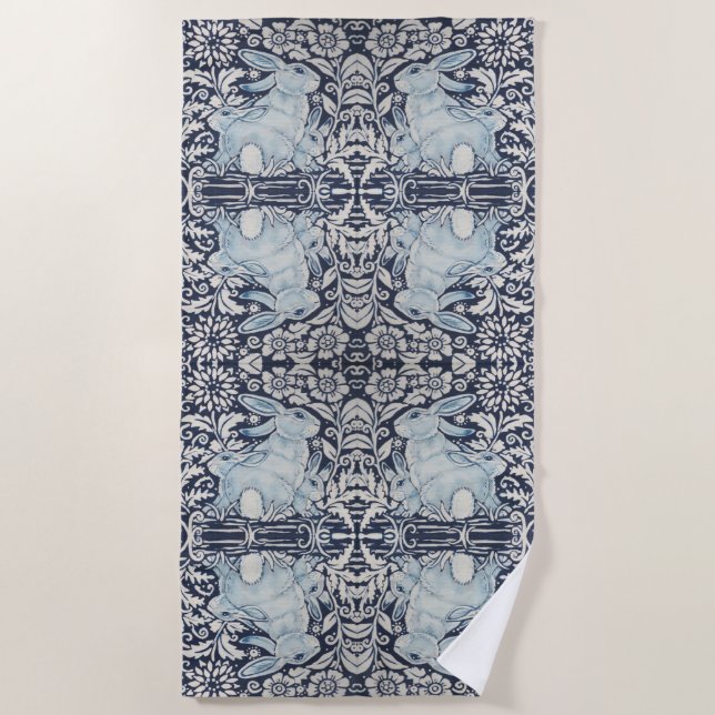 Serviette De Plage Bleu et blanc lapin Lapin Floral Élégant Pâques (Devant)