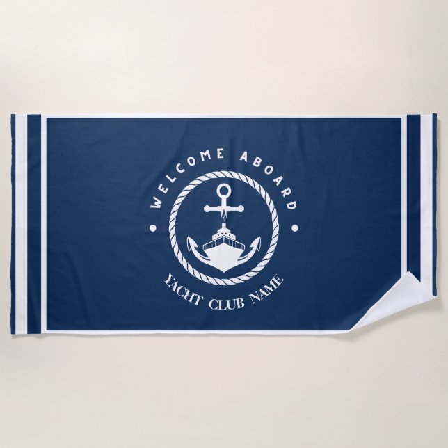 Serviette De Plage Bleu Marine Ancre nautique club bateau marina (Devant)