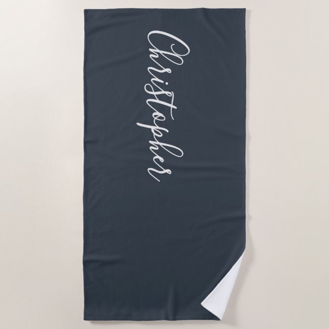 Serviette De Plage Bleu marine blanc personnalisé écriture nom minima (Devant)