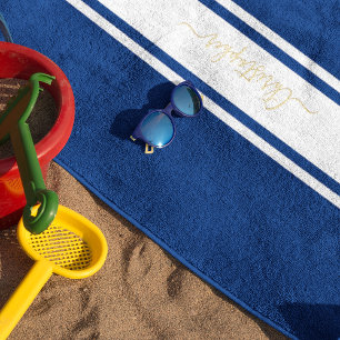 Serviette De Plage Bleu Marine Blancs de course Bleu Bandes Gold Mono