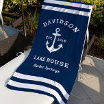 Serviette De Plage Bleu marine Custom Family Lac House<br><div class="desc">La serviette de plage Nautical présente un ancrage de bateau de style côtier et des rayures. Personnalisez le texte personnalisé avec un nom de famille   maison de lac (ou autre titre) avec l'année établie et l'emplacement. Le bleu marine et le blanc sont des couleurs classiques.</div>