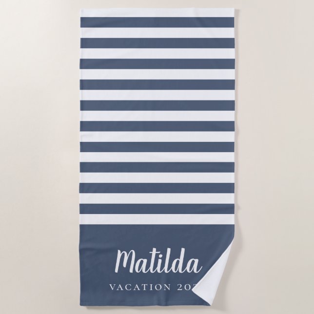 Serviette De Plage bleu marine et blanc personnalisé été  (Devant)