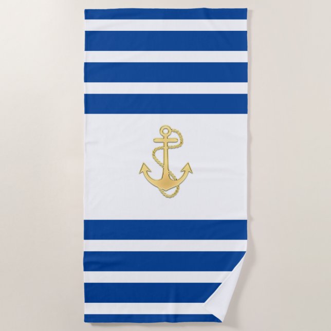 Serviette De Plage Bleu Nautique Blancs avec Ancre Or (Devant)
