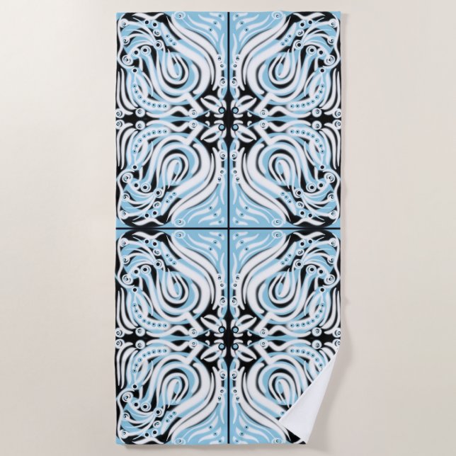 Serviette De Plage Bleu Noir Blanc Motif Abstrait Bouclé  (Devant)