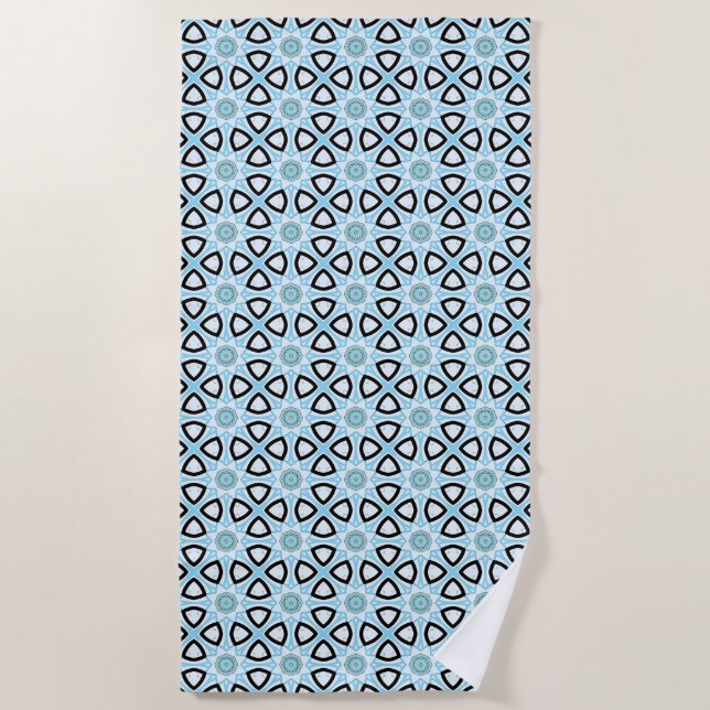 Serviette De Plage Bleu, noir et blanc à motifs géométriques  (Devant)
