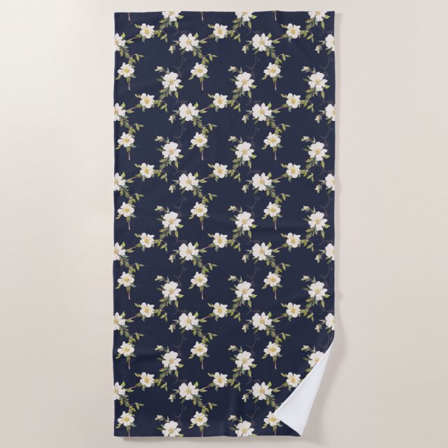 Serviette De Plage Bleu Nuit Blanc Floral (Devant)