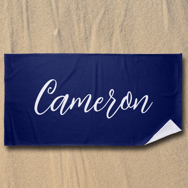 Serviette De Plage Bleu Nuit Chic Nom Écriture Manuscrite Personnalis (Créateur téléchargé)