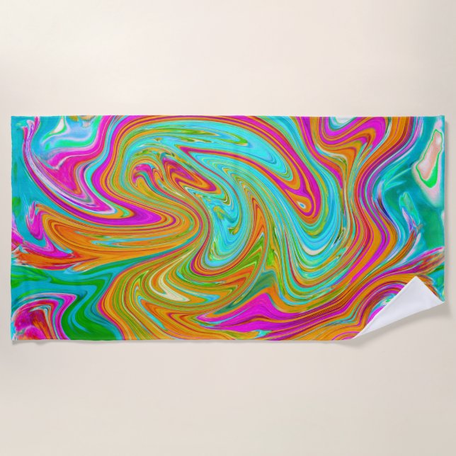 Serviette De Plage Bleu, Orange et Rose Chaud Abstrait Rétro Groovy (Devant)