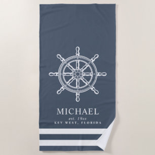 Serviette De Plage Bleu orienté nautique d'ardoise de roue de bateau