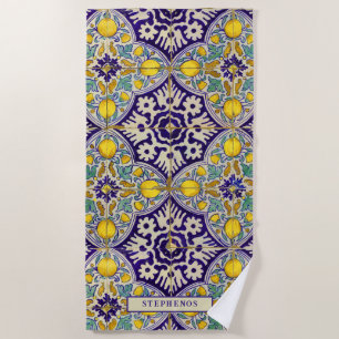 Serviette De Plage Bleu personnalisé Motif méditerranéen Fleurs jaune