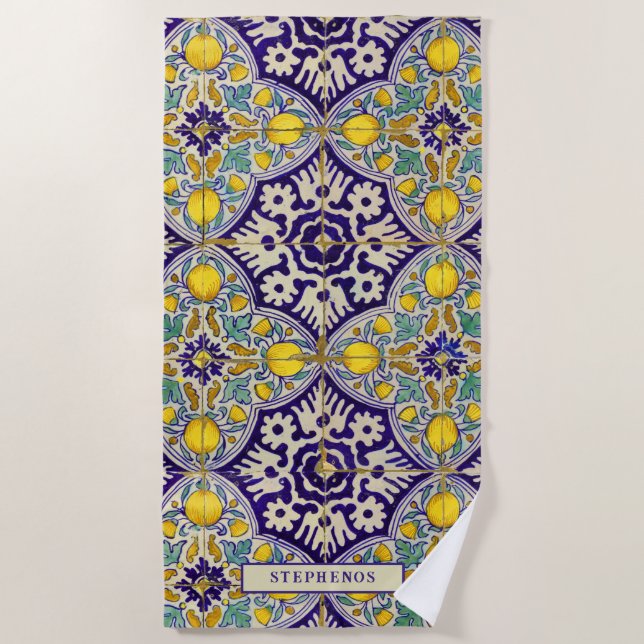 Serviette De Plage Bleu personnalisé Motif méditerranéen Fleurs jaune (Devant)