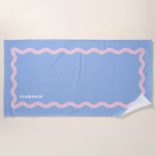 Serviette De Plage Bleu poussiéreux et gribouillis rose pâle avec tex