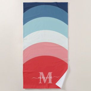 Serviette De Plage Bleu rose arc-en-ciel rayures de courbe Monogramme