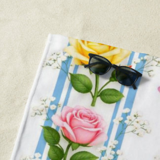 Serviette de plage bleu rose et jaune roses floral