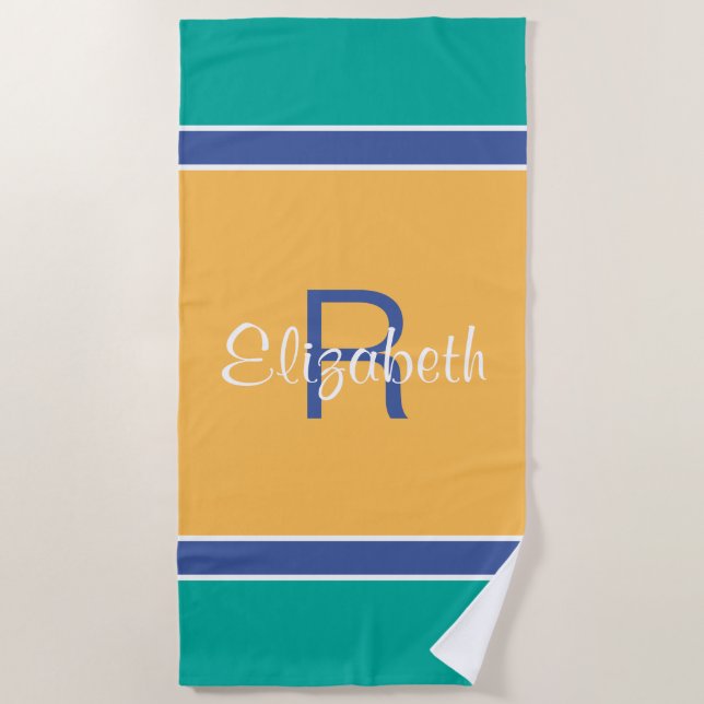 Serviette De Plage Bleu sarcelle Jaune Monogramme Personnalisé Nom In (Devant)
