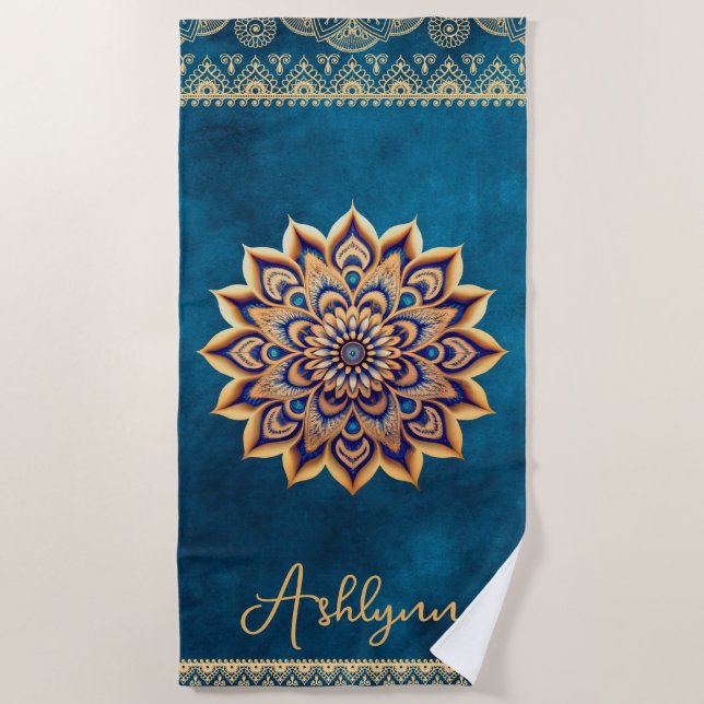 Serviette De Plage Bleu tendance Mandala Elégant Yoga personnalisable (Devant)