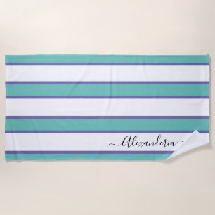 Serviette De Plage Bleu turquoise Blanc moderne Preppy Stripes piscin