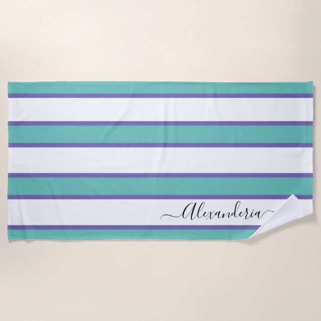 Serviette De Plage Bleu turquoise Blanc moderne Preppy Stripes piscin (Devant)