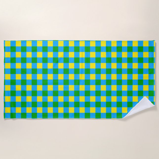 Serviette De Plage Bleu Vert Jaune Chèque Plaid Design Motif (Devant)
