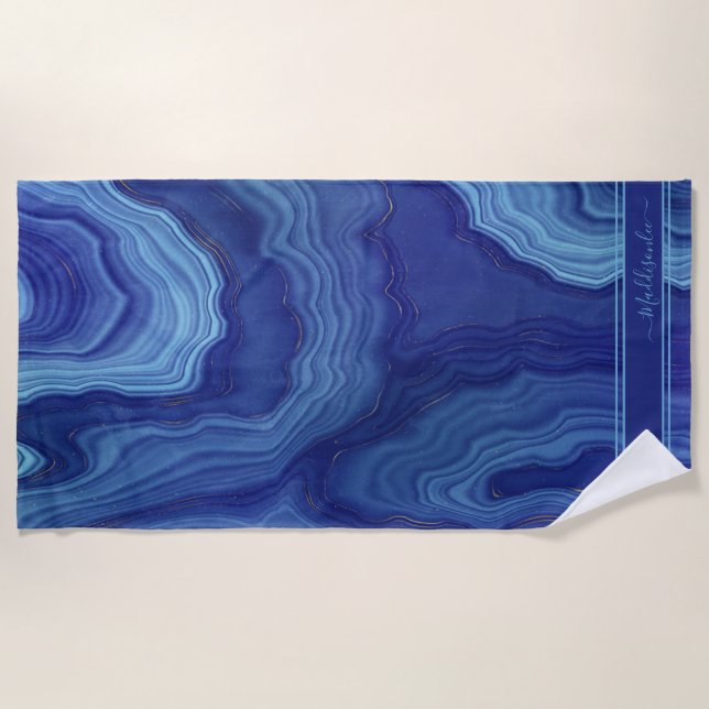 Serviette De Plage Blue Agate Marbre nom monogramme Beach Towel (Devant)