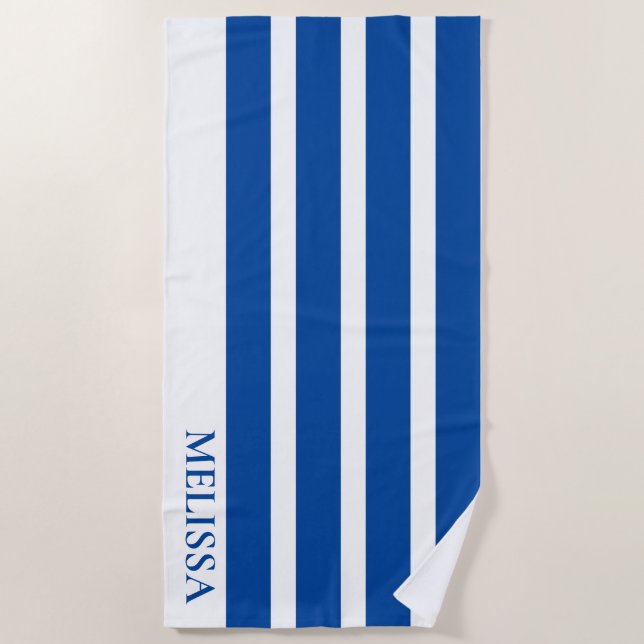 Serviette De Plage Blue And White Cabana Stripe Personalized Name   (Devant)