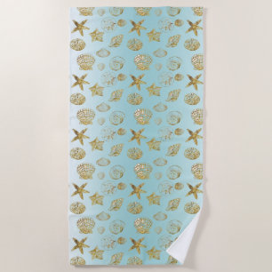 Serviette De Plage Blue Beach Gold Sea Shells