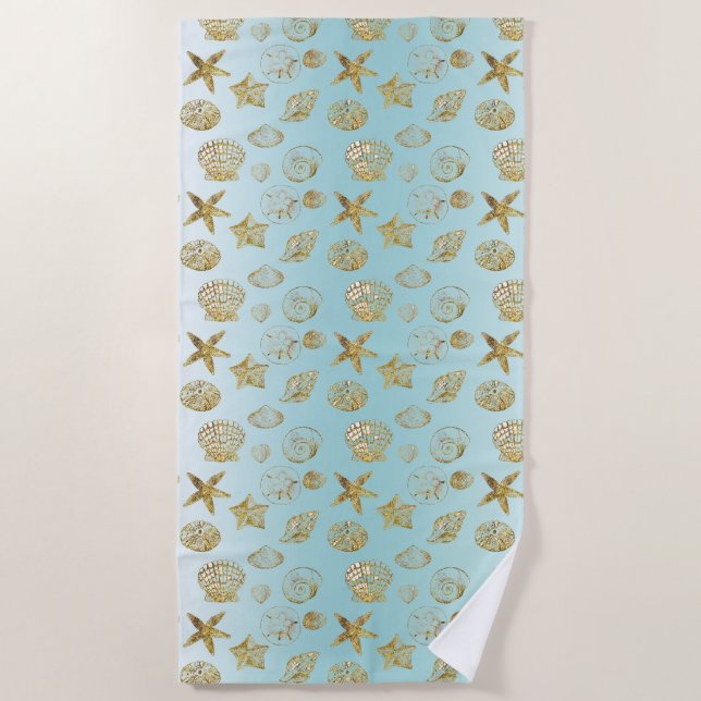Serviette De Plage Blue Beach Gold Sea Shells (Devant)