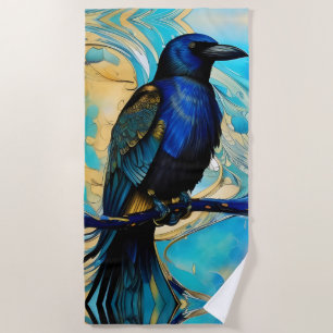 Serviette De Plage Blue Black Raven, bleu et or abstrait