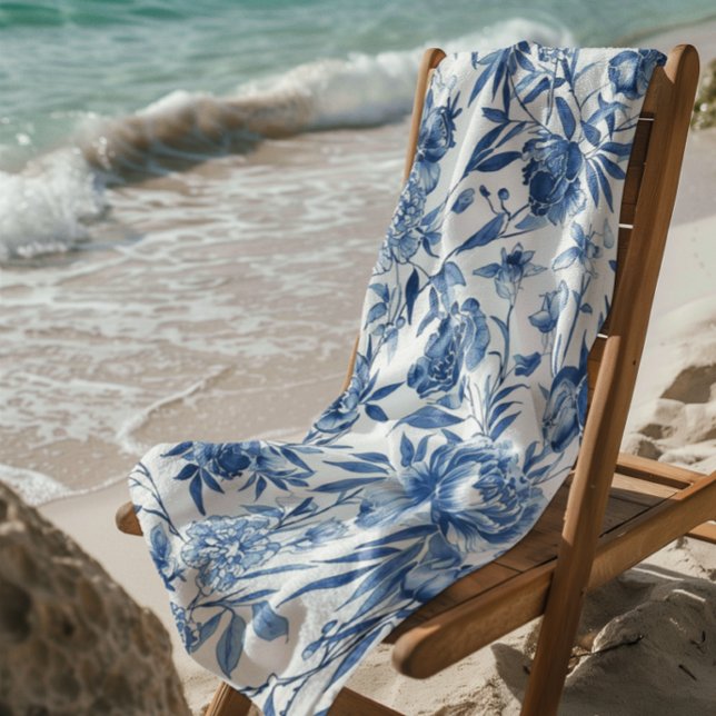 Serviette De Plage Blue Chinoiserie Watercolor Floral Botanical (Créateur téléchargé)