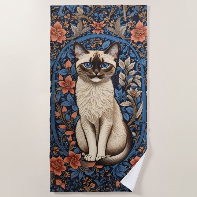 Serviette De Plage Blue Eyed Siamese Chat William Morris Inspiré (Devant)