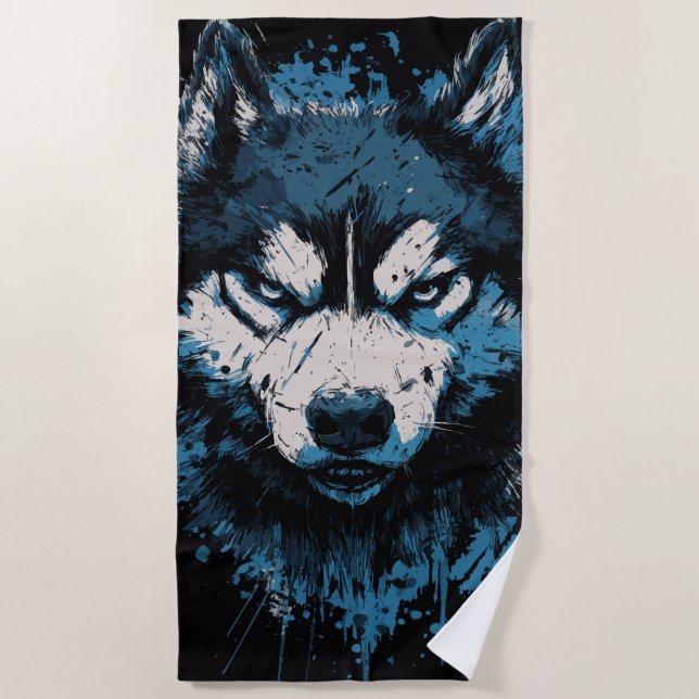 Serviette de plage Blue Husky – Art canin audacieu (Devant)