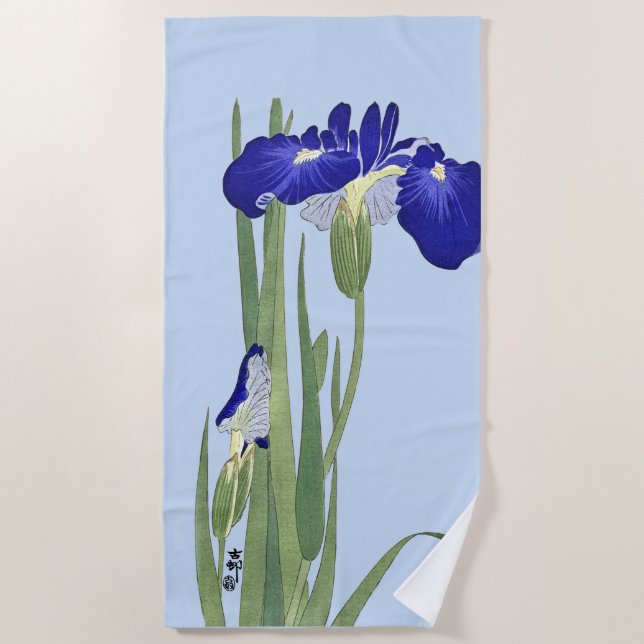 Serviette De Plage Blue Irises par Ohara Koson (Devant)