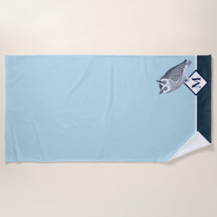 Serviette De Plage Blue Owl Grey Nom du monogramme