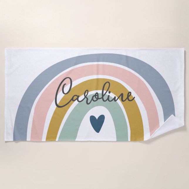Serviette De Plage Blue Pastel Boho Rainbow Name Beach Towel (Devant)