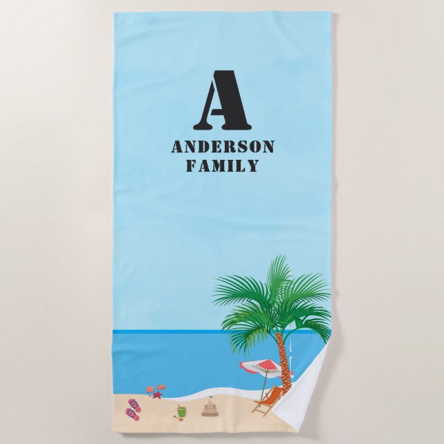 Serviette De Plage Blue Sky, Initials, Name and Beach Life (Devant)