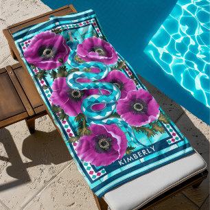 Serviette De Plage Blue Water Snake & Pink Flowers Pool Personnalisé