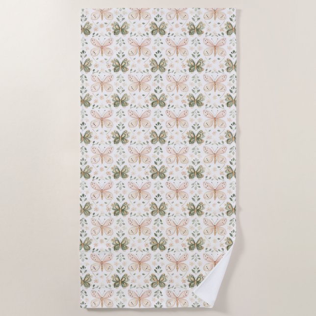 Serviette De Plage Blush Pink Mint Green Butterflies  (Devant)