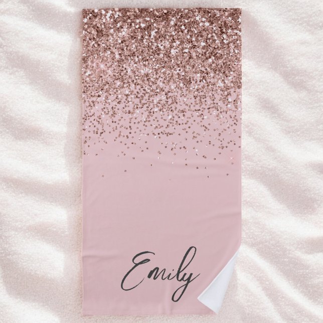 Serviette De Plage Blush Rose Gold Foncé Paillettes Monogramme (Créateur téléchargé)