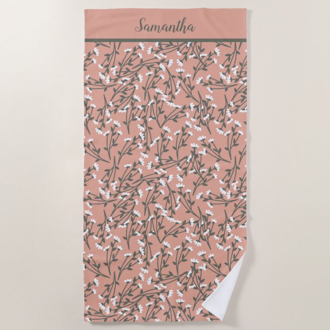 Serviette De Plage Bohème Monogrammé Corail Abricot Vert Blanc Floral (Devant)