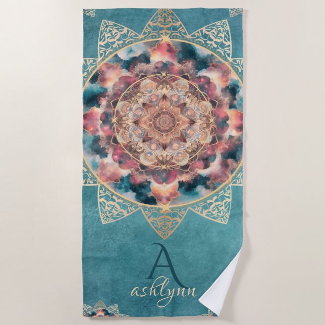 Serviette De Plage Boho Aquarelle Nebula Gold Flower Mandala Yogi (Devant)