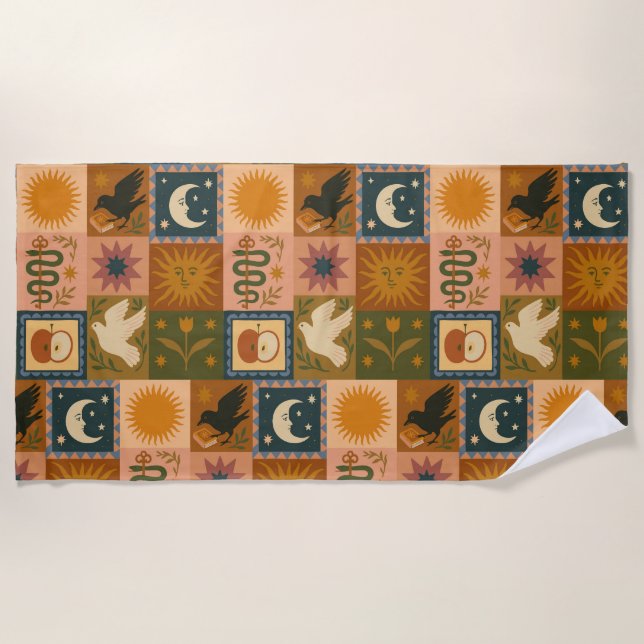 Serviette De Plage Boho Celestial | Soleil et lune rétro (Devant)