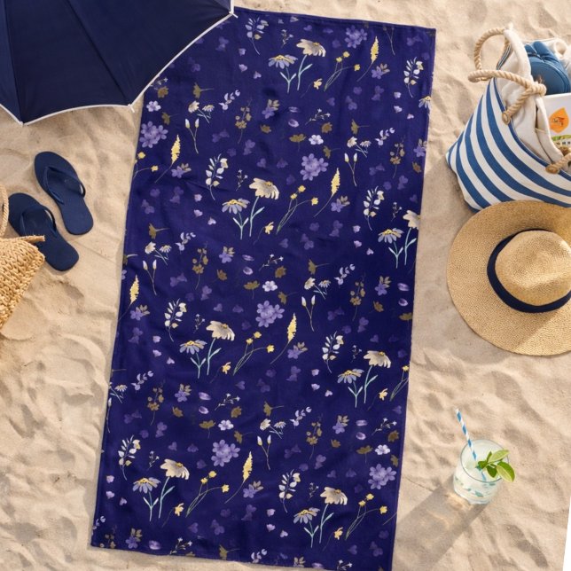 Serviette De Plage Boho Fleurs Sauvages Aquarelle Bleu Marine  (Créateur téléchargé)