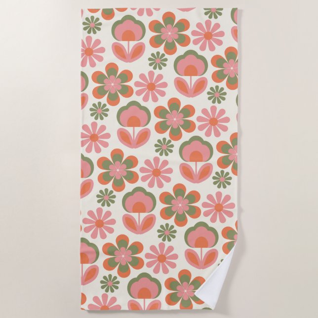 Serviette De Plage Boho Hippie Retro les années 70 Fleur Motif rose v (Devant)