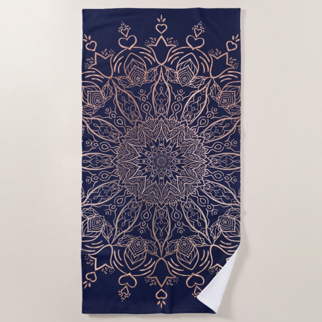 Serviette De Plage Boho Mandala Rose bleu or Flower (Devant)