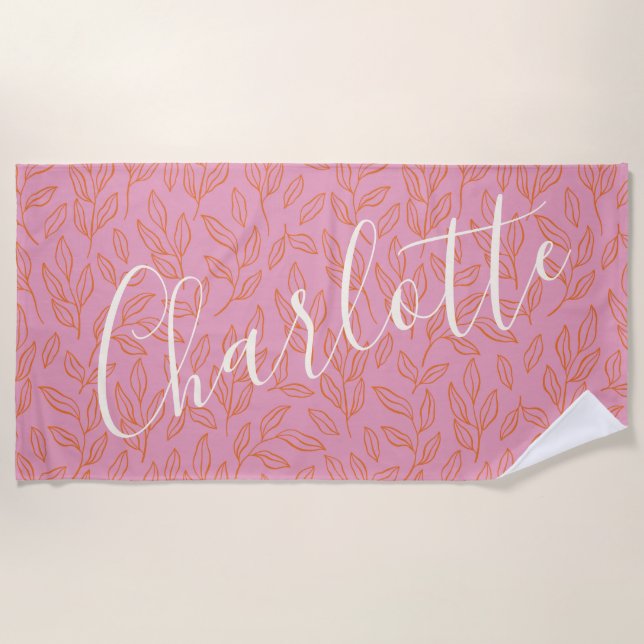 Serviette De Plage Boho Motif de feuille botanique en rose Personnali (Devant)